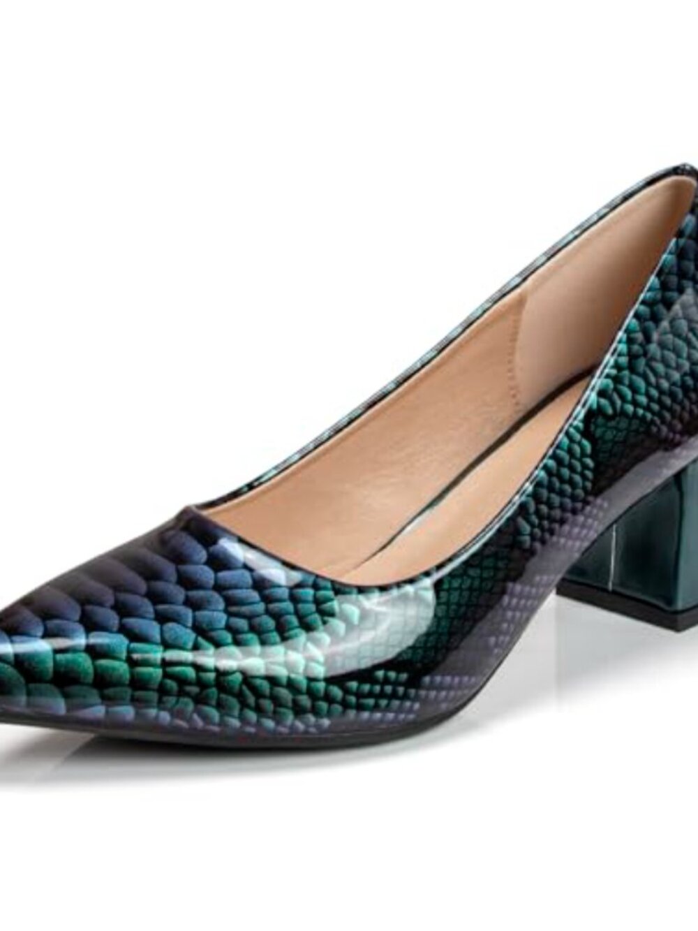 Snakeskin Print Patent Leather Block Heel Pumps Closed Pointed Toe Slip-On